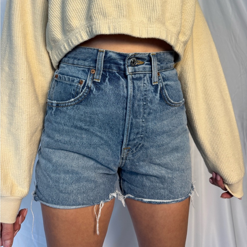 GRLFRND High Rise Cutoff Denim Shorts Light Wash Raw Hem